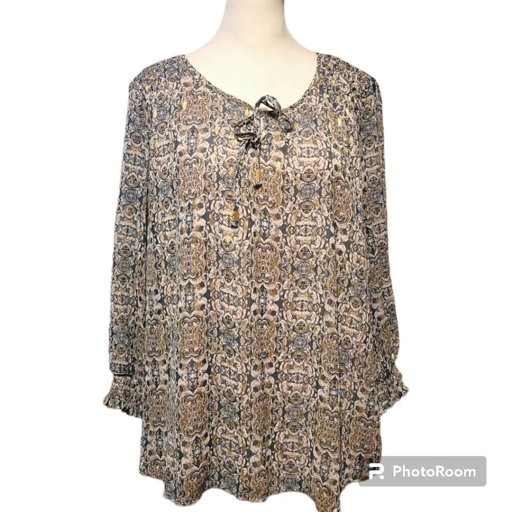 Dressbarn Roz & Ali Women's Size Large Pintuck 3/4 Sleeve Popover Blouse